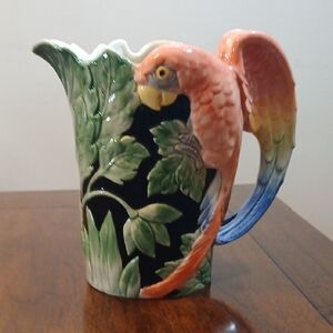 Tropical Parrot Ceramic Pitcher 1980's Vintage Fitz And Floyd. Jungle Collection